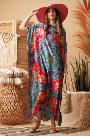 Rochie de plaja din matase diafana cu mandala si elemente baroc stilizate si esarfa inclusa