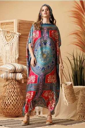 Rochie de plaja din matase diafana cu mandala si elemente baroc stilizate si esarfa inclusa
