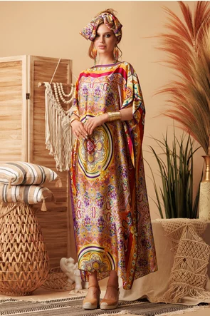 Rochie de plaja din matase diafana cu mandale multicolore si esarfa inclusa