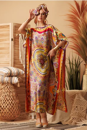 Rochie de plaja din matase diafana cu mandale multicolore si esarfa inclusa