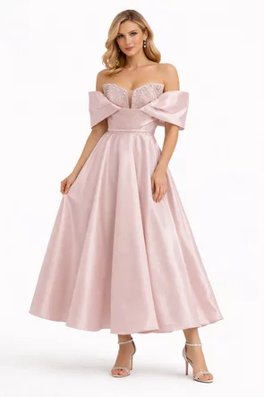 Rochie de spectaculoasa din organza dusty rose cu maneci cazute si corset cu cristale