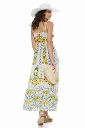 Rochie de vara alba lunga cu bumbac imprimeu mediteranean Amalfi cupe buretate