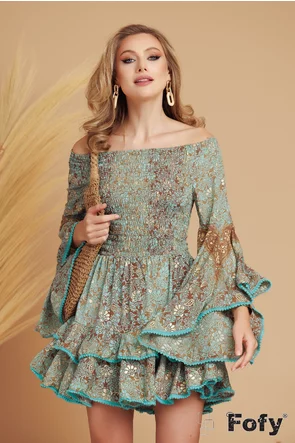 Rochie de vara boho  premium din matase naturala cu volane conturate si pelicula aurie