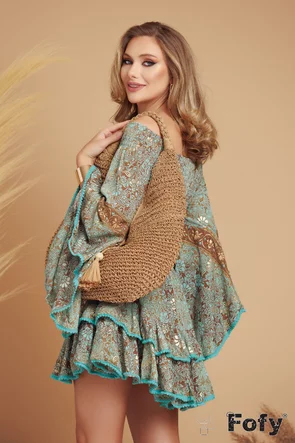 Rochie de vara boho  premium din matase naturala cu volane conturate si pelicula aurie