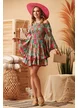 Rochie de vara boho  premium din matase naturala cu volane conturate si pelicula aurie si flori