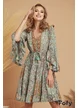 Rochie de vara boho premium din matase naturala cu volane pelicula aurie si ciucuri decorativi