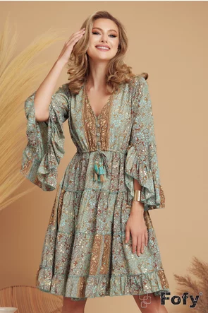 Rochie de vara boho premium din matase naturala cu volane pelicula aurie si ciucuri decorativi