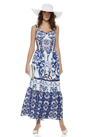 Rochie de vara decoltata lunga cu imprimeu mediteranean Majolica cupe buretate si pe elastic