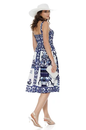 Rochie de vara decoltata midi cu imprimeu mediteranean majolica cupe buretate si pe elastic