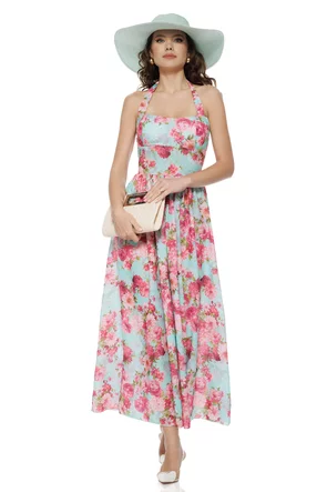 Rochie de vara din bumbac imprimeu floral turcoaz cu roz cupe buretate