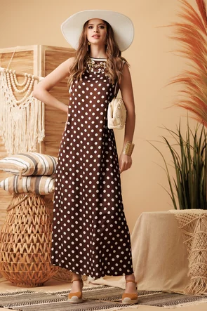 Rochie de vara din matase de vascoza satinata mocca mouse cu buline