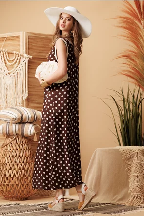 Rochie de vara din matase de vascoza satinata mocca mouse cu buline