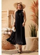 Rochie de vara din saten plisat negru croi lejer cu fundita si volan