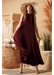 Rochie de vara din saten plisat vino rosso croi lejer cu fundita si volan