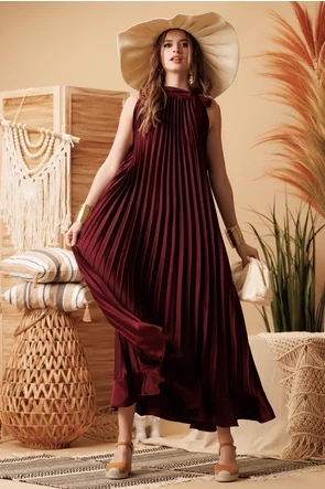 Rochie de vara din saten plisat vino rosso croi lejer cu fundita si volan