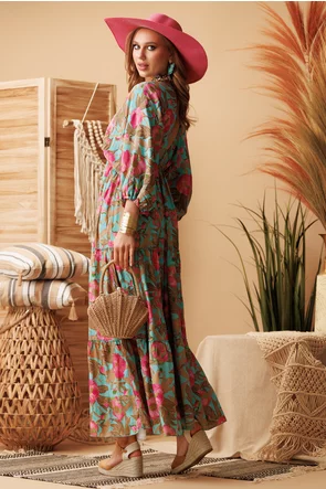 Rochie de vara lunga boho premium din matase naturala cu maneca fluture si flori 