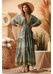 Rochie de vara lunga boho premium din matase naturala cu pelicula aurie maneca fluture si ciucuri decorativi