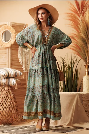 Rochie de vara lunga boho premium din matase naturala cu pelicula aurie maneca fluture si ciucuri decorativi