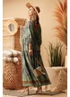 Rochie de vara lunga boho premium din matase naturala cu pelicula aurie maneca fluture si ciucuri decorativi