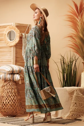 Rochie de vara lunga boho premium din matase naturala cu pelicula aurie maneca fluture si ciucuri decorativi