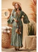Rochie de vara lunga boho premium din matase naturala cu volane pelicula aurie si ciucuri decorativi