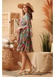 Rochie de vara midi boho premium din matase naturala cu florivolane pelicula aurie si ciucuri decorativi