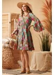 Rochie de vara midi boho premium din matase naturala cu florivolane pelicula aurie si ciucuri decorativi