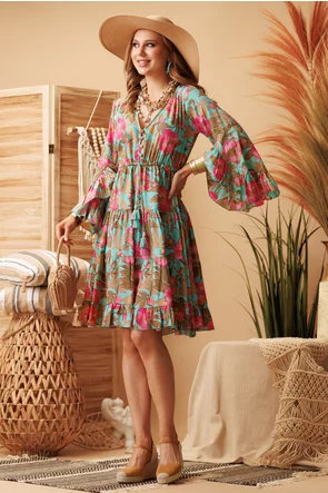 Rochie de vara midi boho premium din matase naturala cu florivolane pelicula aurie si ciucuri decorativi