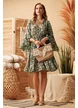 Rochie de vara midi boho premium din matase naturala cu volane pelicula aurie si ciucuri decorativi