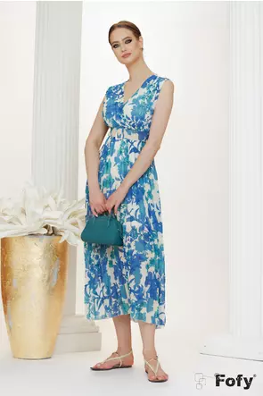 Rochie de vara midi cu imprimeu floral albastru din voal plisat si centura inclusa