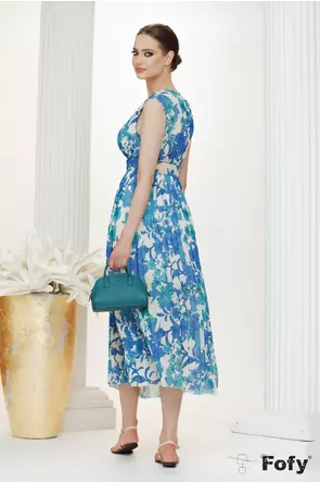 Rochie de vara midi cu imprimeu floral albastru din voal plisat si centura inclusa