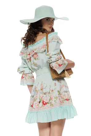 Rochie de vara mini din bumbac aqua imprimeu floral