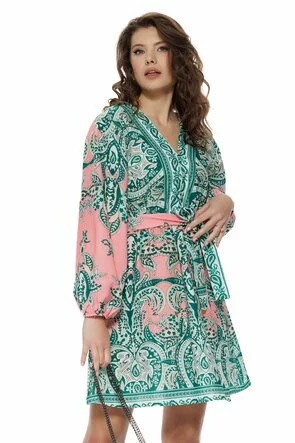 Rochie de vara mini din bumbac imprimeu paisley bohemian verde cu roz