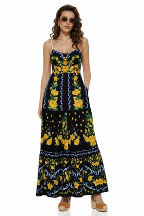 Rochie de vara neagra lunga cu bumbac imprimeu mediteranean Amalfi cupe buretate