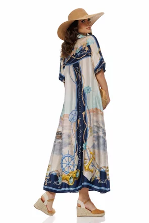 Rochie de vara premium aquamarin din matase naturala si vascoza satinata imprimeu estival
