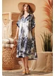 Rochie de vara premium din matase naturala si vascoza cu imprimeu botanic bleumarin