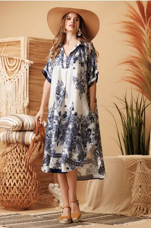 Rochie de vara premium din matase naturala si vascoza cu imprimeu botanic bleumarin