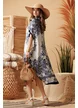 Rochie de vara premium din matase naturala si vascoza cu imprimeu botanic bleumarin