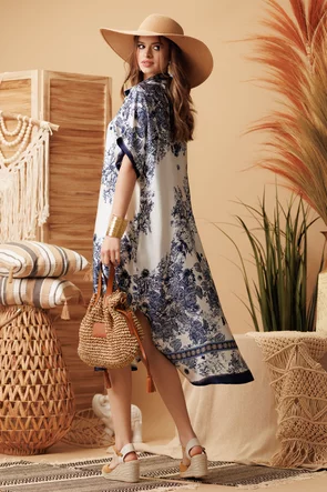 Rochie de vara premium din matase naturala si vascoza cu imprimeu botanic bleumarin