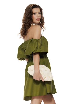 Rochie de vara scurta din bumbac olive cu maneci bufante