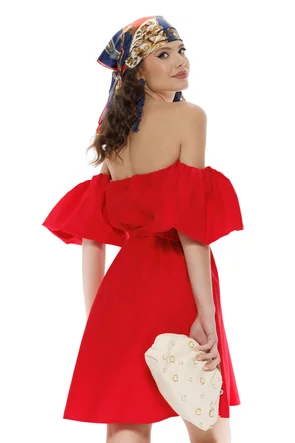 Rochie de vara scurta din bumbac rosu cu maneci bufante
