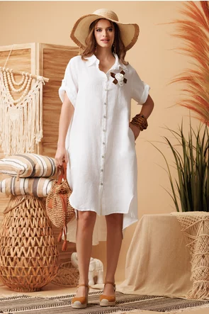 Rochie de vara stil camasa din in organic premium supersoft cu buzunare si brosa boho