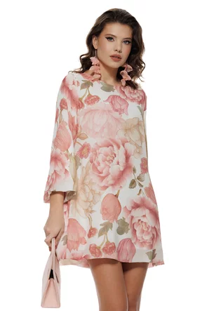 Rochie diafana din voal cu imprimeu floral roz croi in A cu funda la spate