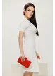 Rochie eleganta alba din tricot premium cu guler si nasturi cu perle si strasuri 