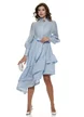 Rochie eleganta baby blue din organza premium fusta asimetrica cu volane intarite