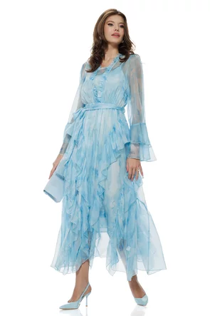 Rochie eleganta baby blue din organza premium matasoasa cu volane spiralate
