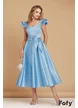 Rochie elegantă baby blue din tafta usor elastica clos cu decolteu si volane la umeri