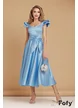 Rochie elegantă baby blue din tafta usor elastica clos cu decolteu si volane la umeri