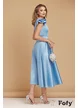 Rochie elegantă baby blue din tafta usor elastica clos cu decolteu si volane la umeri