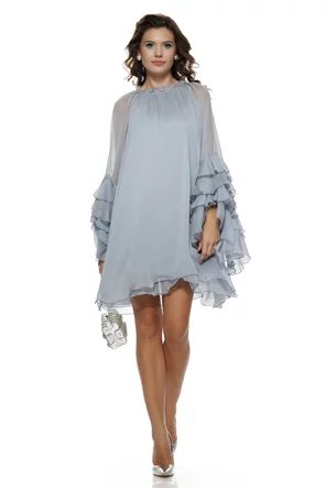 Rochie eleganta baby blue din voal diafan premium  cu maneci volane ample